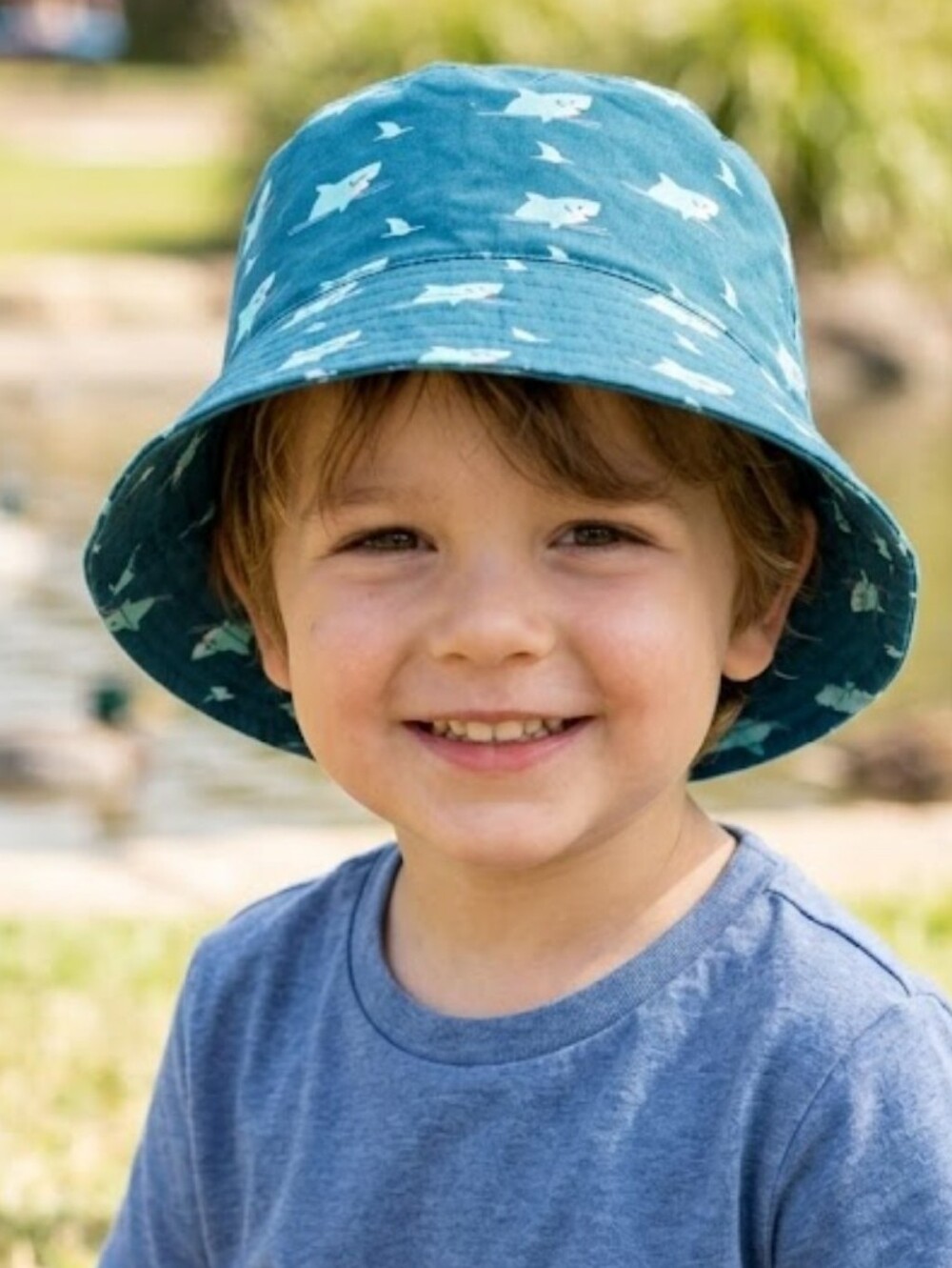 NEW! Toby Nordstrom Kids' Teal Shark Print Bucket Hat - Sun Safe Hat Sz 12-24m